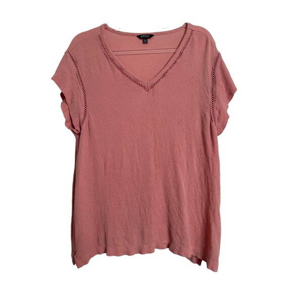 Buffalo David Bitton Size XXL V Neck Crinkle Short Sleeve Pink Cut Out Trim - Picture 7 of 7